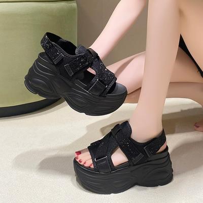 Mode 8,5 cm platåsandaler damer Bling kilhöga klackar sommar strass kardborreband chunky sandaler strandtofflor Zapatos Mujer