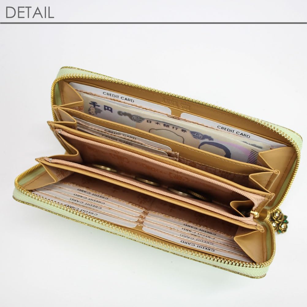 ANNA SUI Women's Long Wallet with Butterfly Design, Round Zipper, Antique Enamel Leather, Papillon Leather, Light Blue, 316891