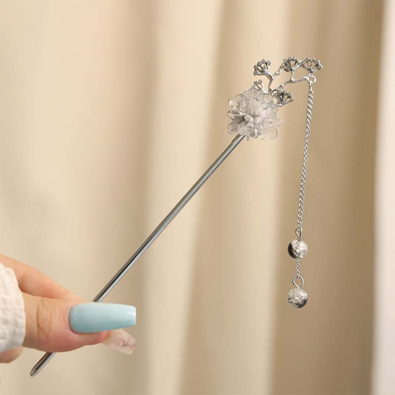 Bastoncino per Capelli con Nappa a Fiore d'Inchiostro in Metallo Vintage per Donne Moda Perline Rotonde Frangia Fermaglio per Capelli Hanfu Gioielli per Capelli Accessori