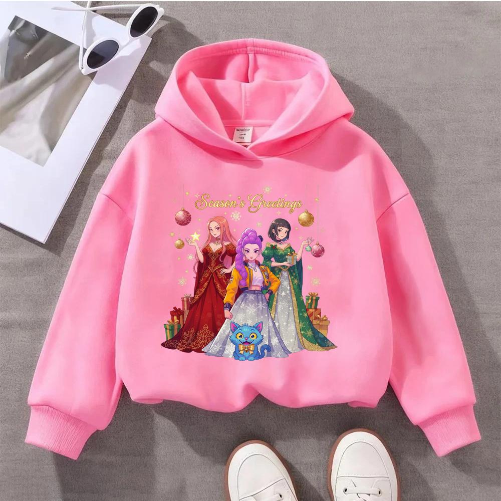 Festive Christmas Kids Hoodie with Adorable Anime Girls and Cute Cat Design for Season's Greetings