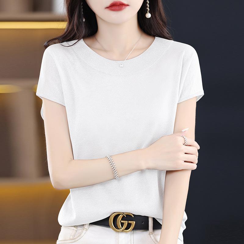 IHUASU Dámské ledové hedvábné tričko s krátkým rukávem léto světlé hedvábí temperament žerzej plátno halenka s výstřihem do O tenké univerzální volné