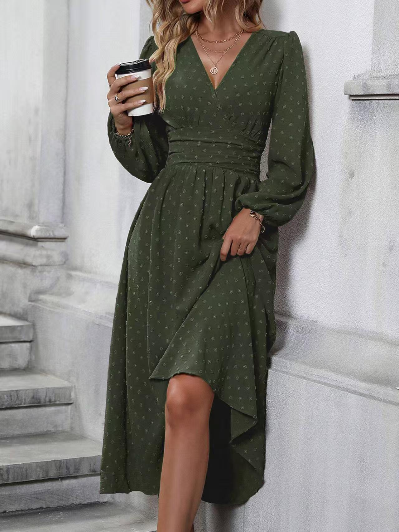 

2025 Elegant Cross-border Medium-length Slanted Neck Dress with Lantern Sleeves - Versatile Autumn/Winter Slimming Women s Long Skirt XXL армія зелений колір
