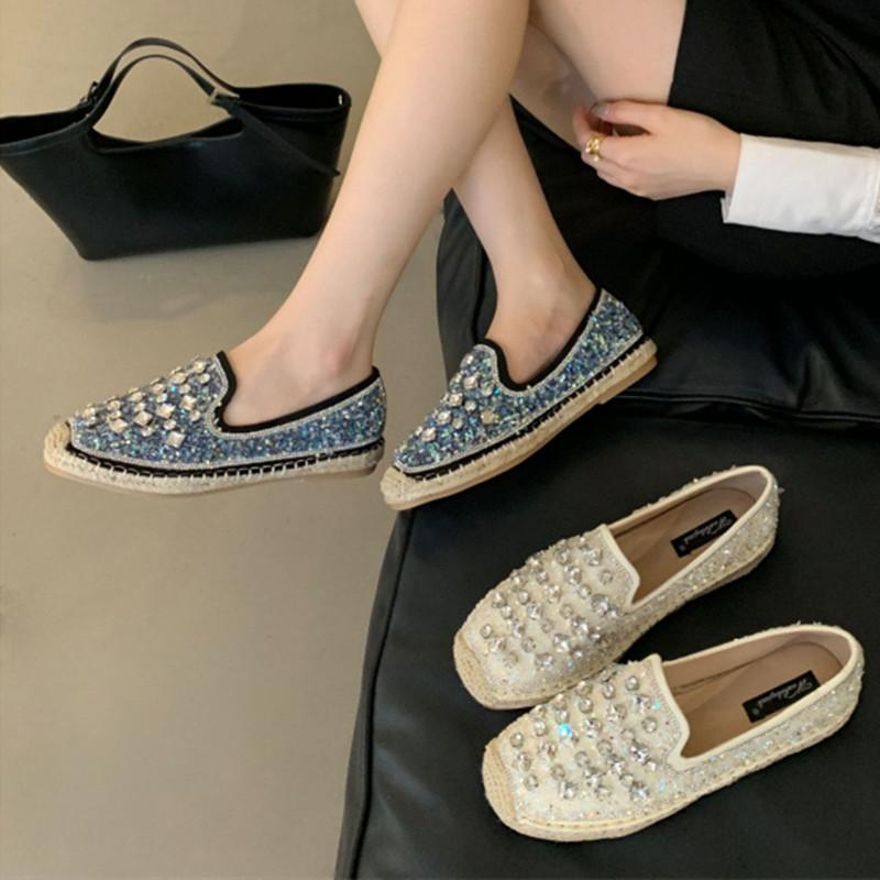 Fashion High Quality Handmade Woven Flats Women Luxury Bling Rhinestone Decoration Brand Designer Shoes Comfortable Non-slip Casual Shoe