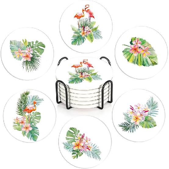 Drink Coasters with Holder,6 Pcs Moon Phases Absorbent Ceramic Coasters with Cork Base,Cute Funny Table Drinks Coasters,Table Home Decor,4 Inches