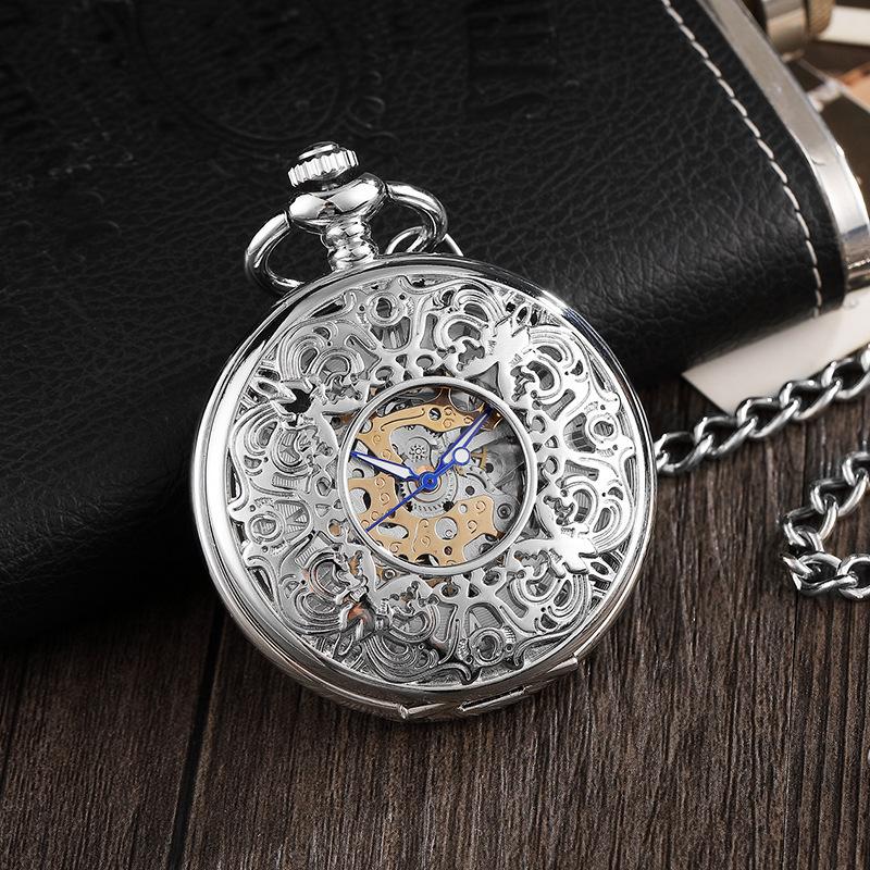 

Автоматические механические карманные часы с откидной крышкой, трендовая мода, классика, серебряный римский шрифт, ретро, подвесная цепочка, полые механические часы