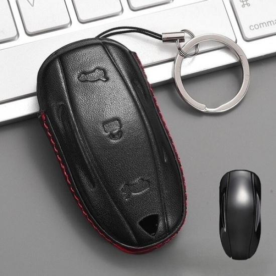 Genuine Leather Car Smart Key Fob Case Cover Keychain For Tesla Model S