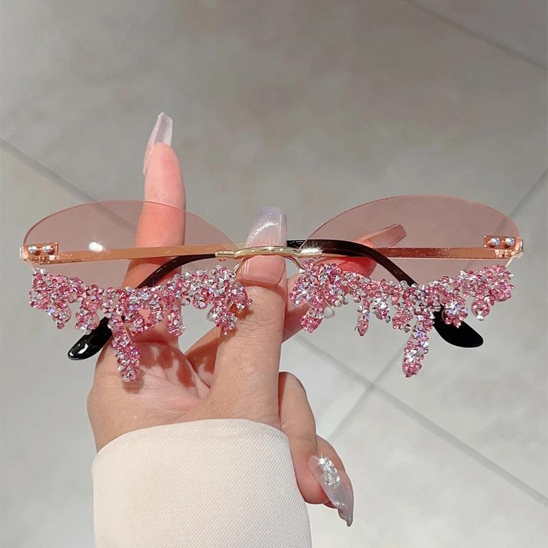 Rimless Tear Shaped Sunglasses with Rhinestones Women Fashion Decorative Shades Trendy Stylish Design Rave Sun Glasses