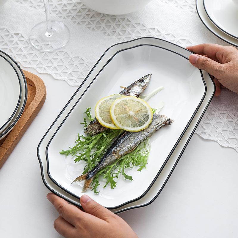 Clearance, Export European Nordic Household Set Ceramic Tableware Simple Black Edge Black Line Tableware Dishes And Plates