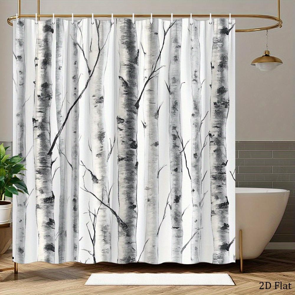 Berkenboom Douchegordijn Minimalistisch Wit En Grijs Bosprint Polyester Badgordijn Met 12 Haken Voor Moderne Decor
