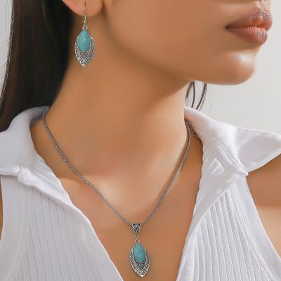Retro Blue Turquoise Earrings Set Bohemian Droplet Earrings Necklace