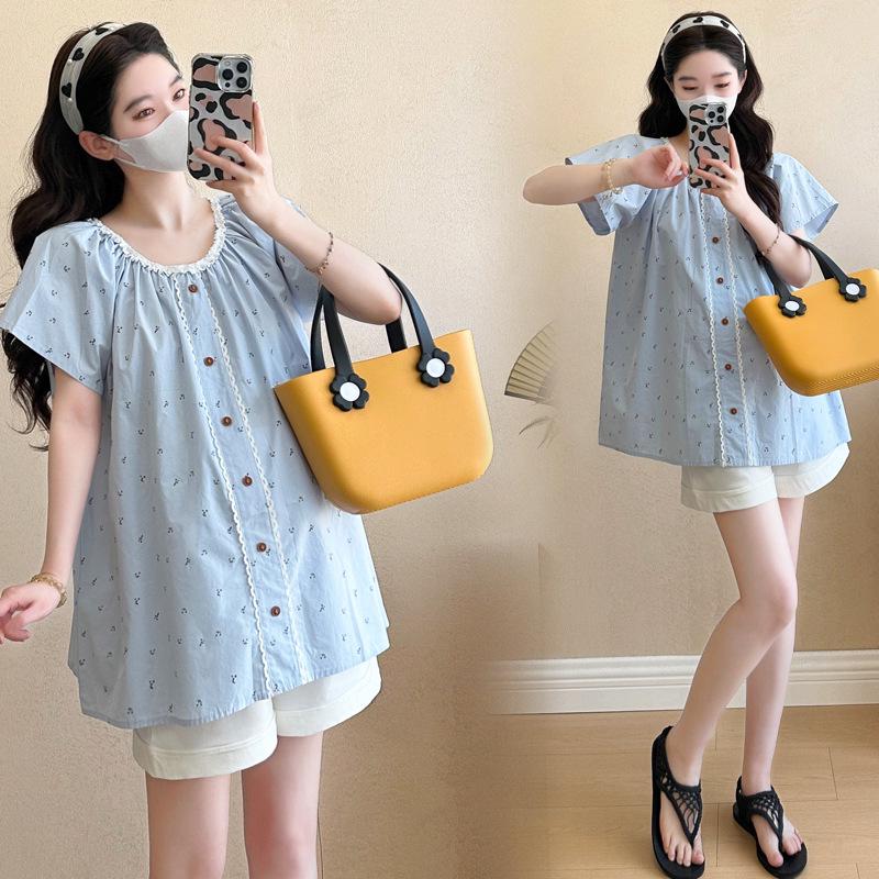 2026 Maternity Lace Trim Doll Shirt & Support Pants - Comfortable, Non-Constricting Slimming Korean Style for Expecting Mothers L