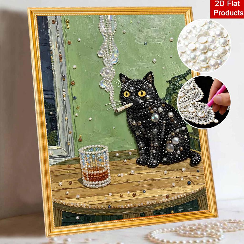 5D Pearl Painting Kit Framed with Black Cat Smoking Design Sparkling Bead Art Canvas DIY Relaxing Craft for Wall Decor Gift Home Artwork