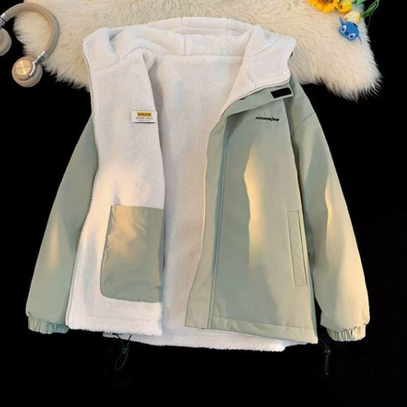 

Мужская модная хлопковая куртка с овчиной - Новинка 2025 года Осень/Зима Двусторонняя утолщенная куртка L зелёный/серый