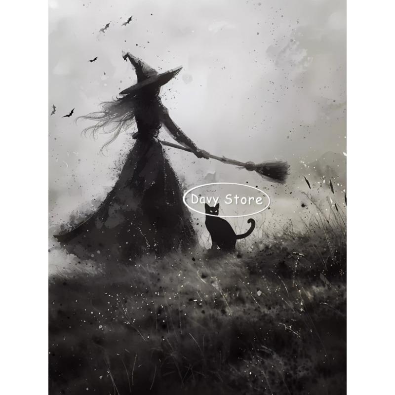 Vintage Witch Black Cat Dark Academia Poster Print Canvas Painting Halloween Witchy Wall Art Picture Gothic Room Home Decor