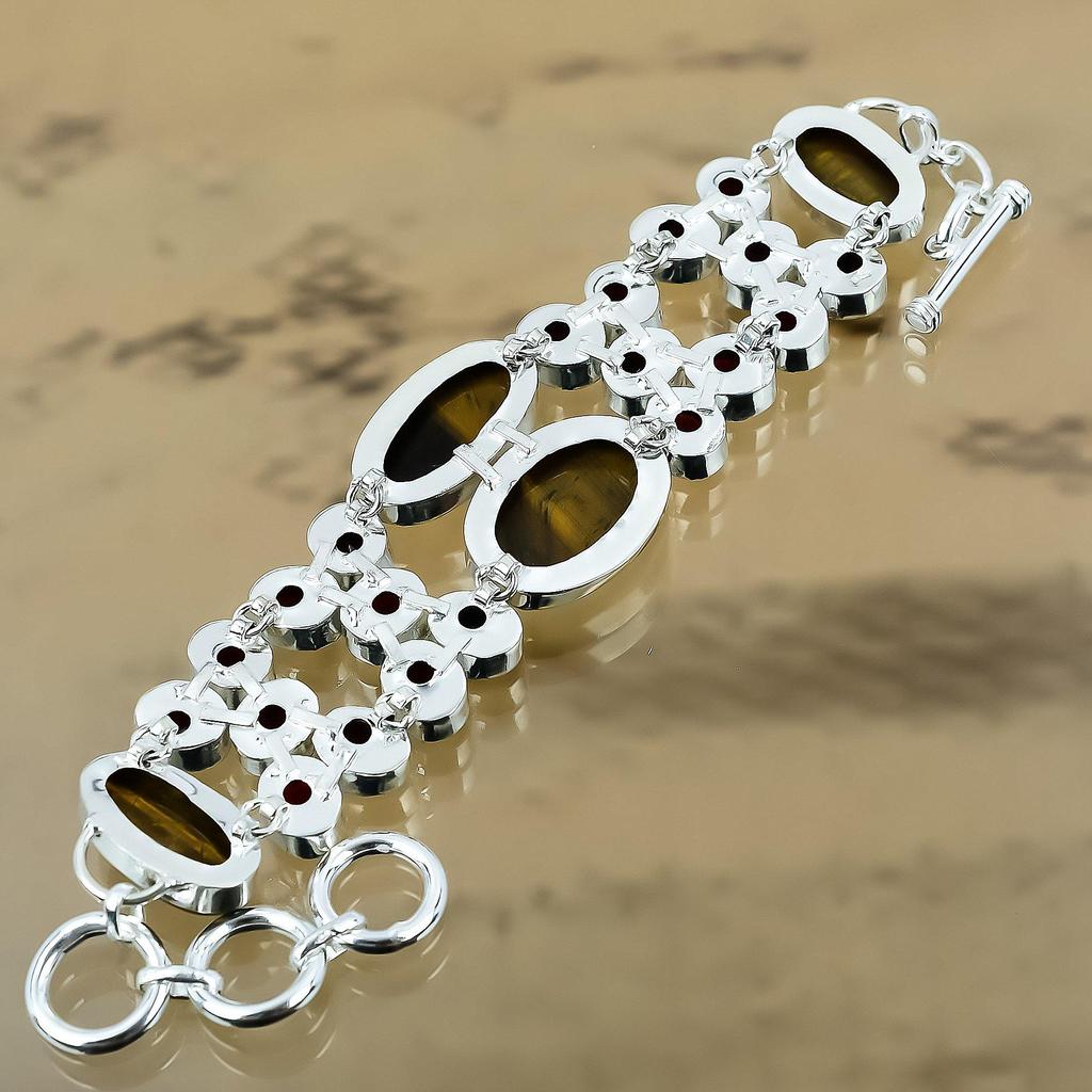 Gift For Women Chain Adjustable Bracelet 925 Silver Natural Tiger'S Eye Gemstone