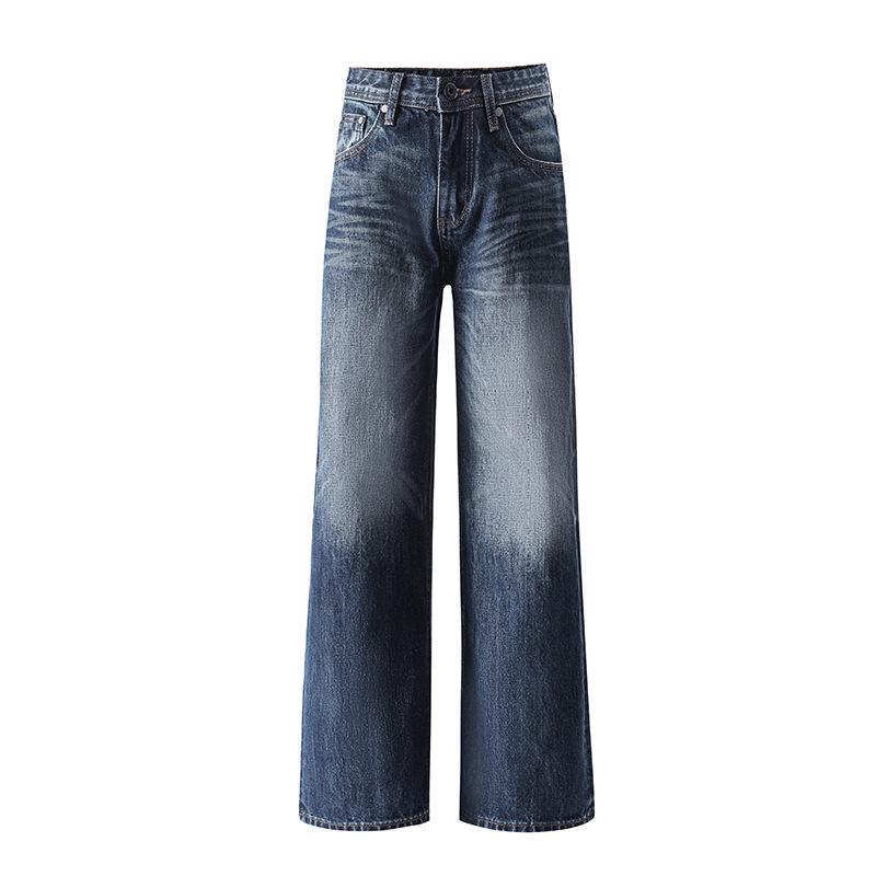 New High-Waist Retro Dark Blue Wide-Leg Jeans for Women - 100% Cotton, Straight Fit Medium синий