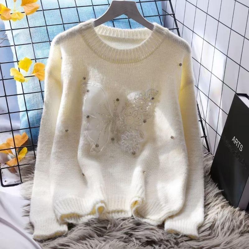 

Sweater for Women Winter Thickened Pullover Warm Knitted High Neck Round Neck Butterfly Knit Sweater Stretchy Long Sleeve Oversize Jumper Tops XXL білий
