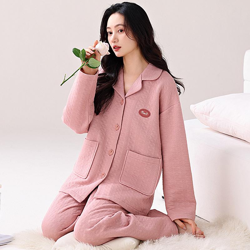 Pajamas Women'S Winter Thickened Pure Cotton Long-Sleeved Sandwich Air Cotton Autumn And Winter Loungewear Winter