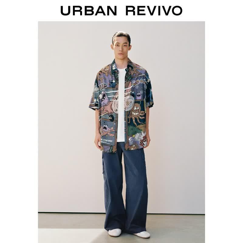 UR Men's Autumn Trendy Comic Print Loose Open-Front Shirt
