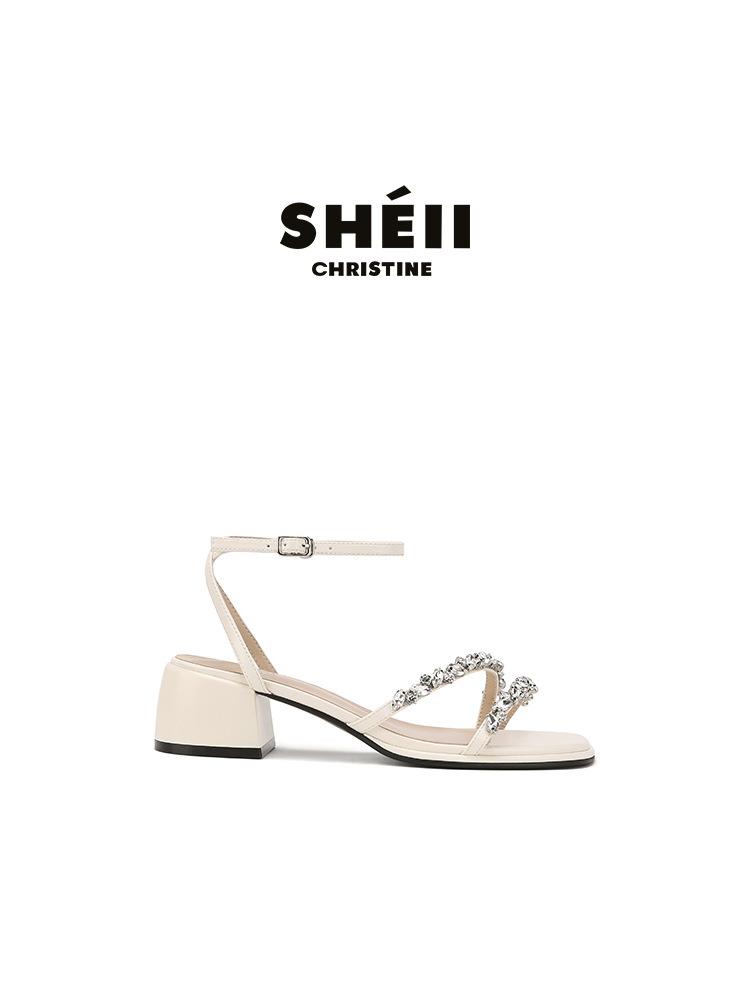

Sheepskin version Su Yinyin rock candy fairy French rhinestone with open-toed thick high-heeled sandals women s wedding shoes ol summer cool slippers 40