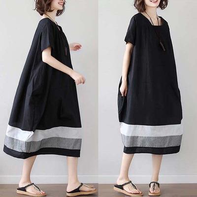 Real Summer New Korean Version Large Size Loose Splicing Striped Cotton and Linen Short-sleeved Dress Women's Clothing Medium and Long