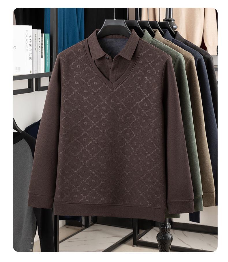 Fleece-Lined Two-Piece Lapel Polo Shirt: Men's Warm Autumn/Winter Casual Print Top