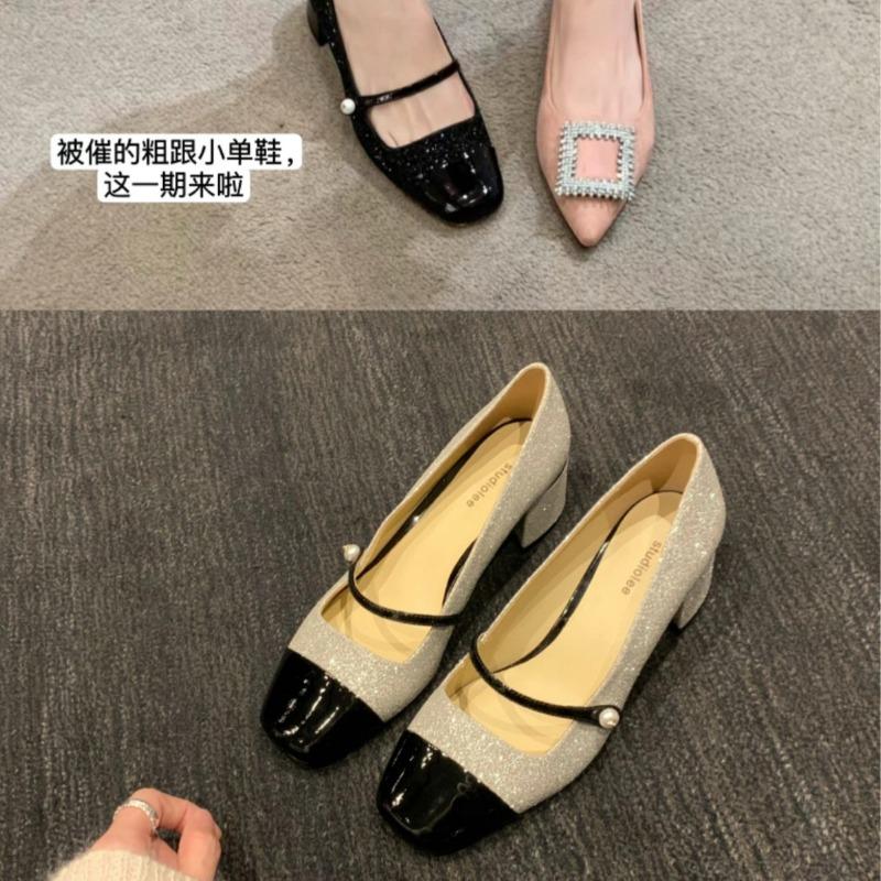 Sheepskin version~ Sparkling sequined square head with thick heel Mary Jane shoes women's single shoes