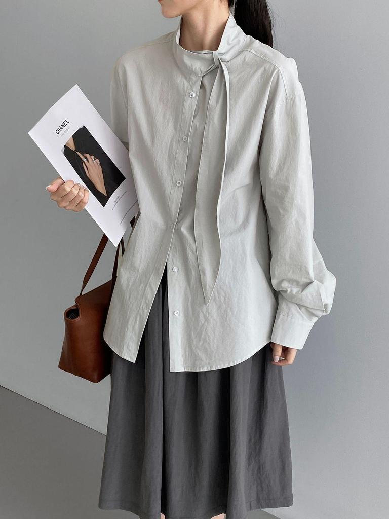 Women's French Retro 100% Cotton Ribbon Shirt - Simple, Loose, Solid Color