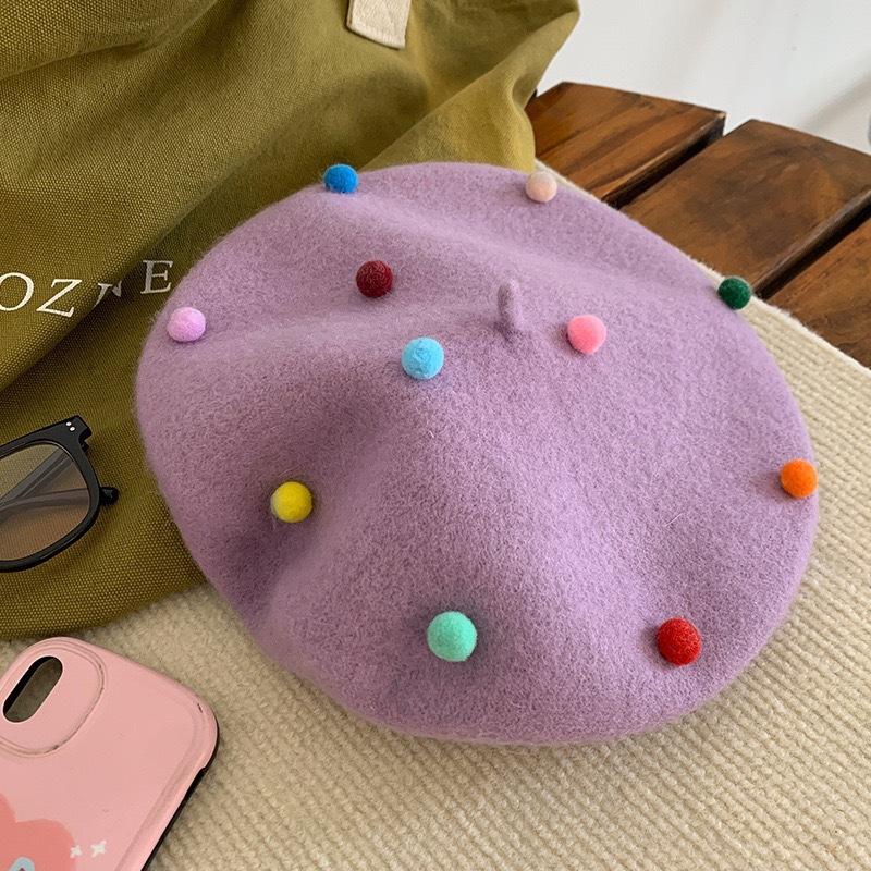 Korean autumn and winter warm wool beret women girls woolen warm painter hat female cute colored ball dot pumpkin cap Japanese