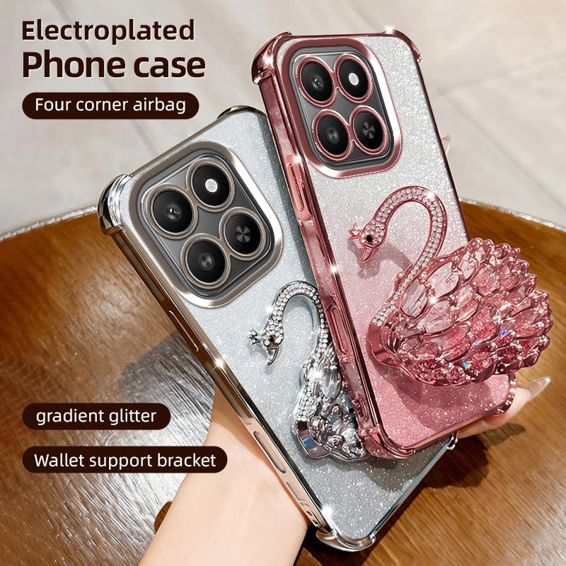 KEYSION Shockproof Plating TPU Phone Case for HONOR X7d 5G Glitter Jewelled Swan kickstand Back Cover for Honor 400 Smart 5G