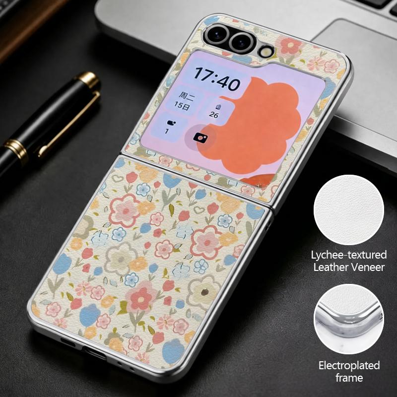 Pastoral Wildflower Case For Samsung Z Flip 8 7 6 5 Hybrid 3in1 Leather Skin Plating Frame Hard Folding Phone Cover For Galaxy Z Flip8 Flip7 Flip6