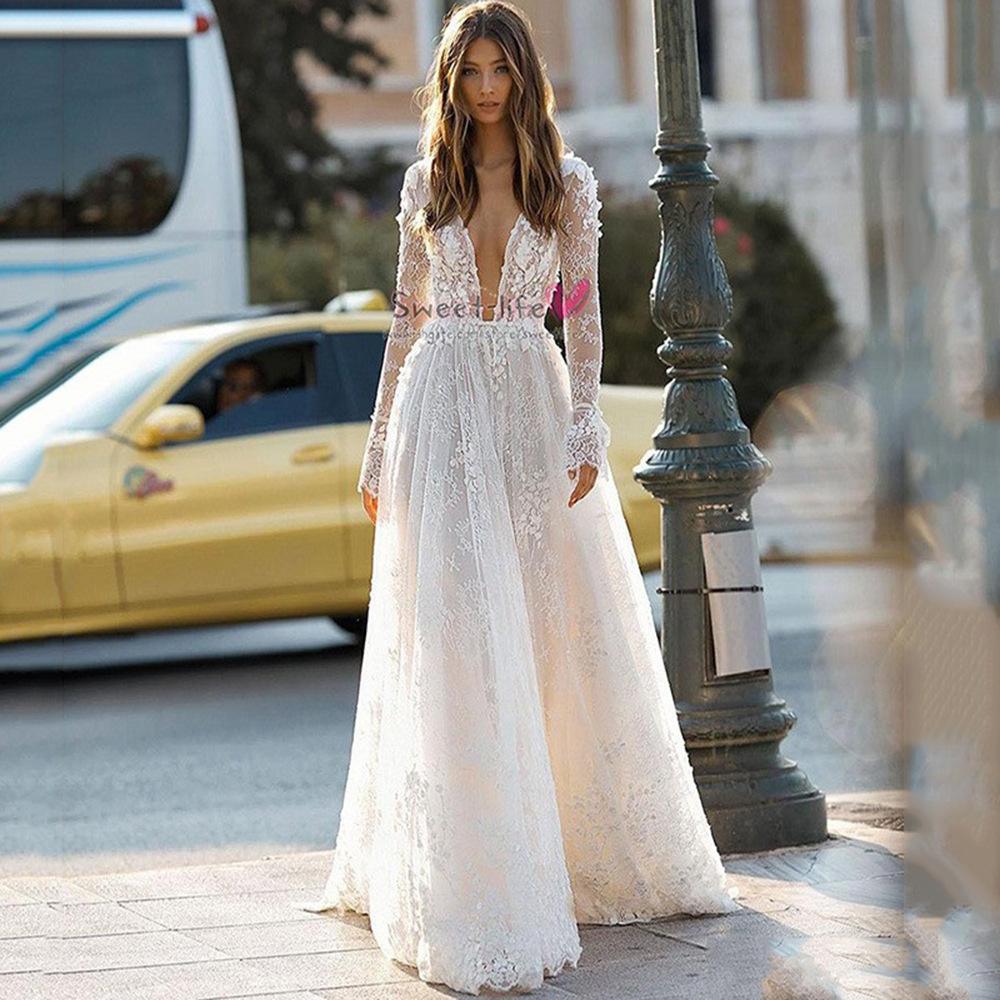 Summer New European and American Women's Wedding Dress Sexy Lace Dress Long Sleeve Holiday Evening Banquet Dress