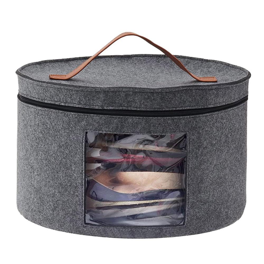 

1pc Felt Organizer Bucket with Leather Handle Clear Window Zippered Lid Multi Function for Hat Storage Box 43x26cm