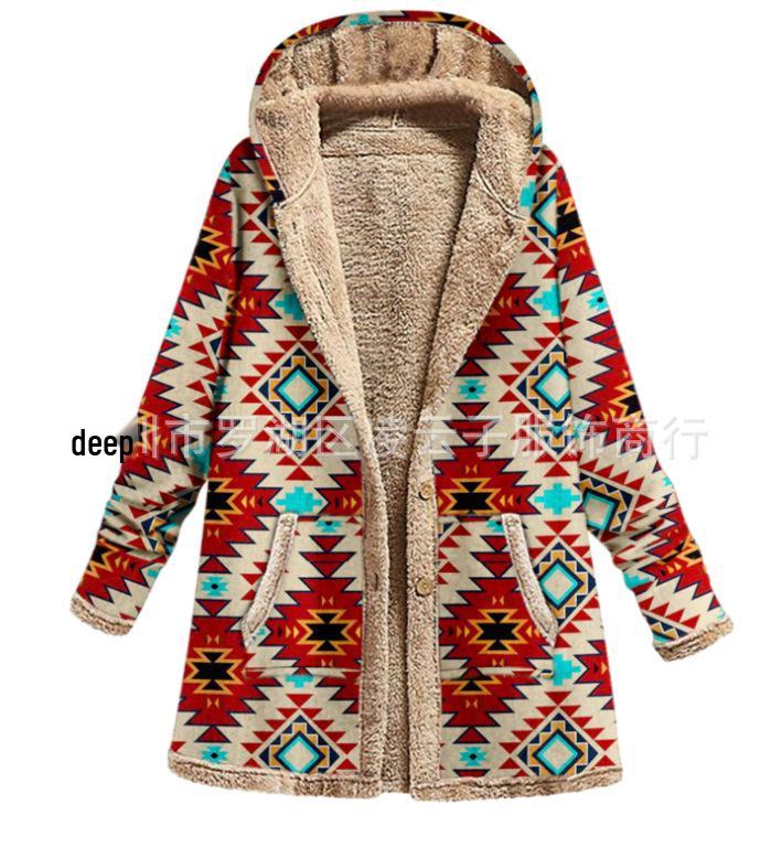 

2021 Women s Winter Cotton-Linen Print Hooded Sweatshirt Fleece Coat XL