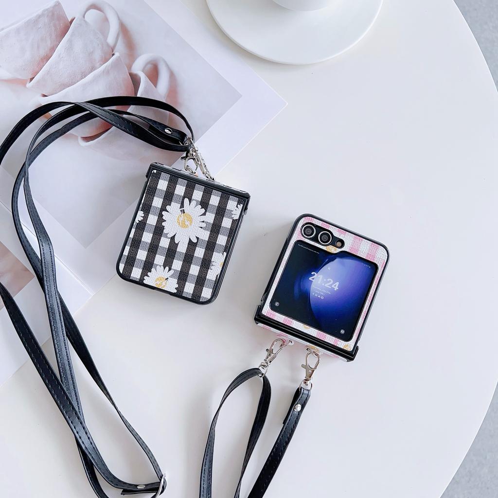For Samsung Galaxy Z Flip7 FE 5G/Z Flip6 5G Flower and Grids Pattern PU Leather Coated PC Phone Cover with Crossbody Strap