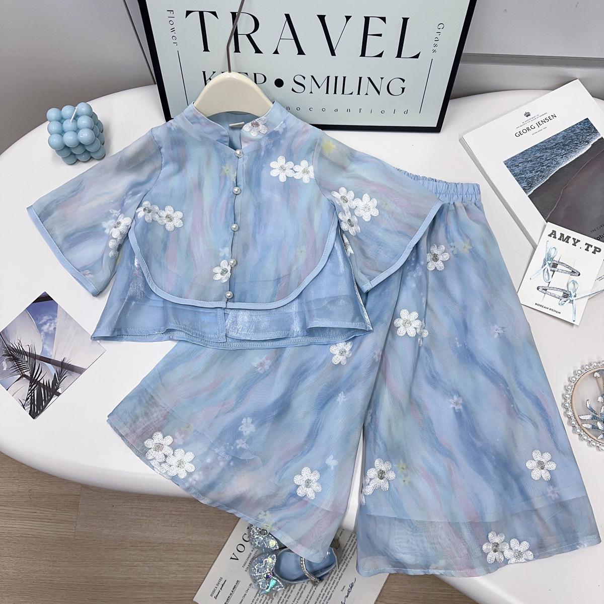 Летний комплект в китайском стиле: Традиционный комплект из двух предметов для девочек: топ и брюки Size 90