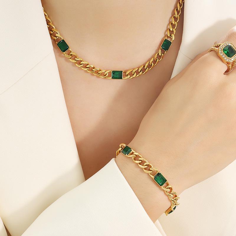 Custom Cuban Thick Chain Necklace & Bracelet Set with Green Glass Stones - Colorfast Jewelry