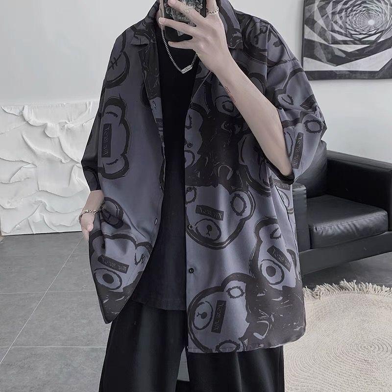 Women's Harajuku Blouse Korean Style Oversized Shirt Black Cool Chiffon Short Sleeve Button Up Tops Alt Clothes Fashion