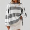 Women's Striped Neck Sweater with Long Bell Sleeves, Loose Fit Knit Pullover