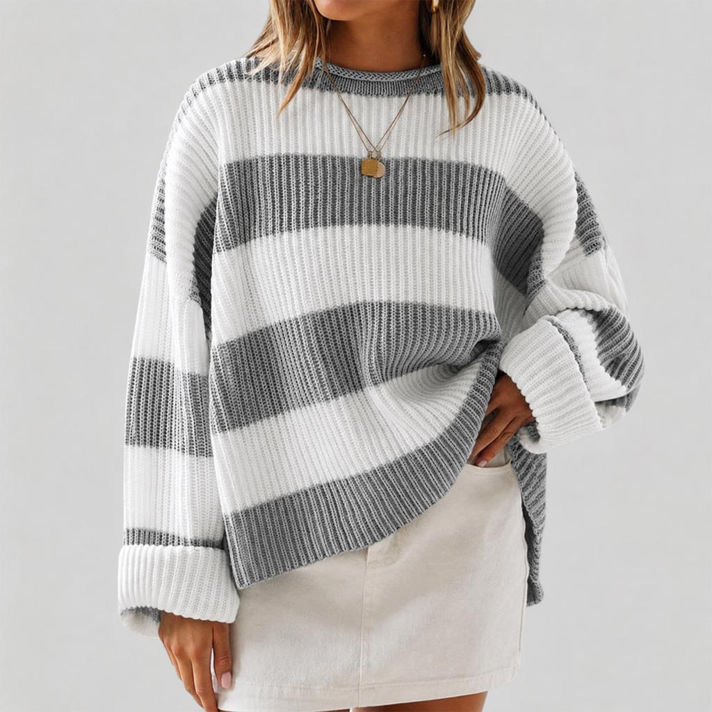 Women's Striped Neck Sweater with Long Bell Sleeves, Loose Fit Knit Pullover