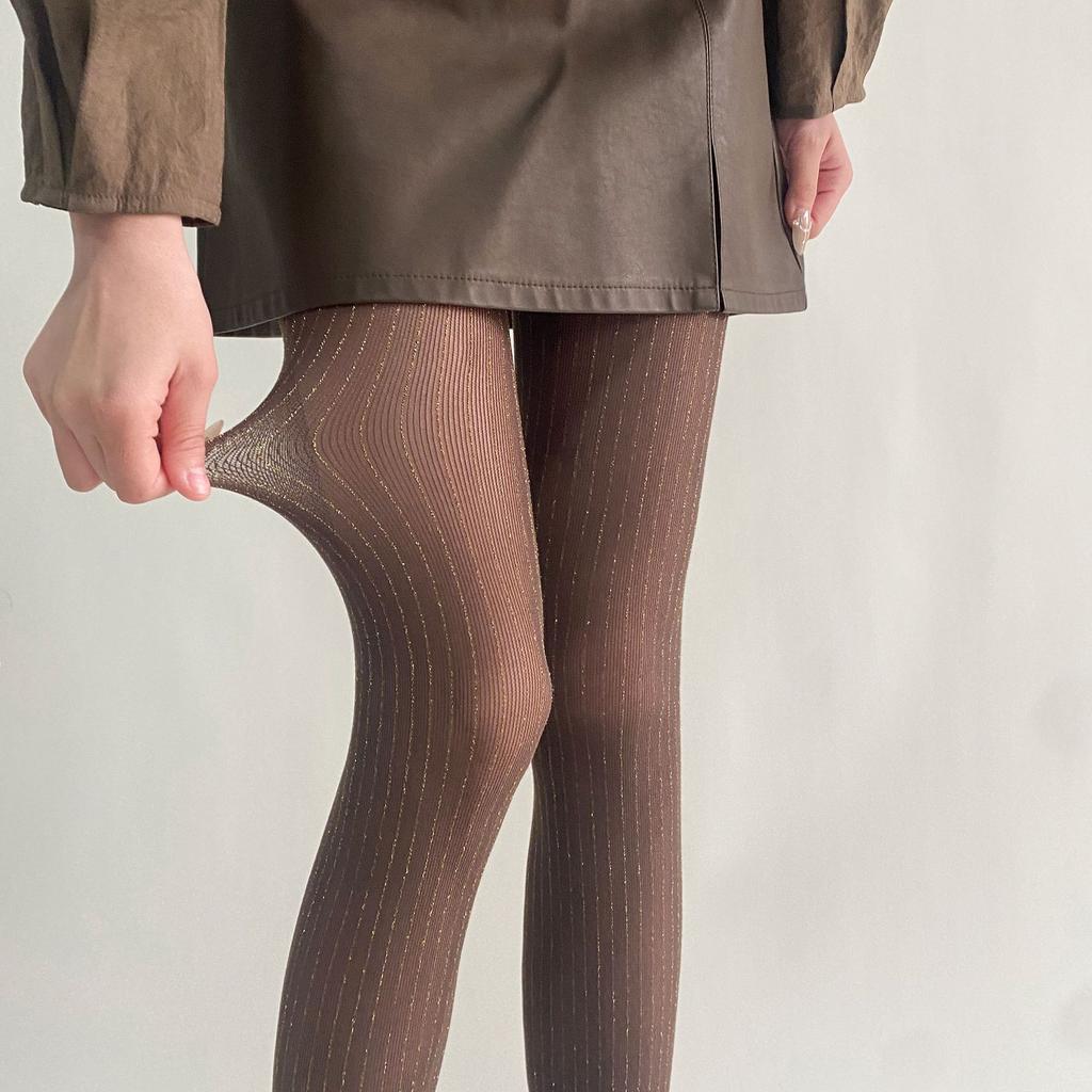 Spring/Summer New Luxury Black Nylon Thin Stockings Silver Thread Vertical Stripe Pantyhose Shiny Durable Snag-Resistant
