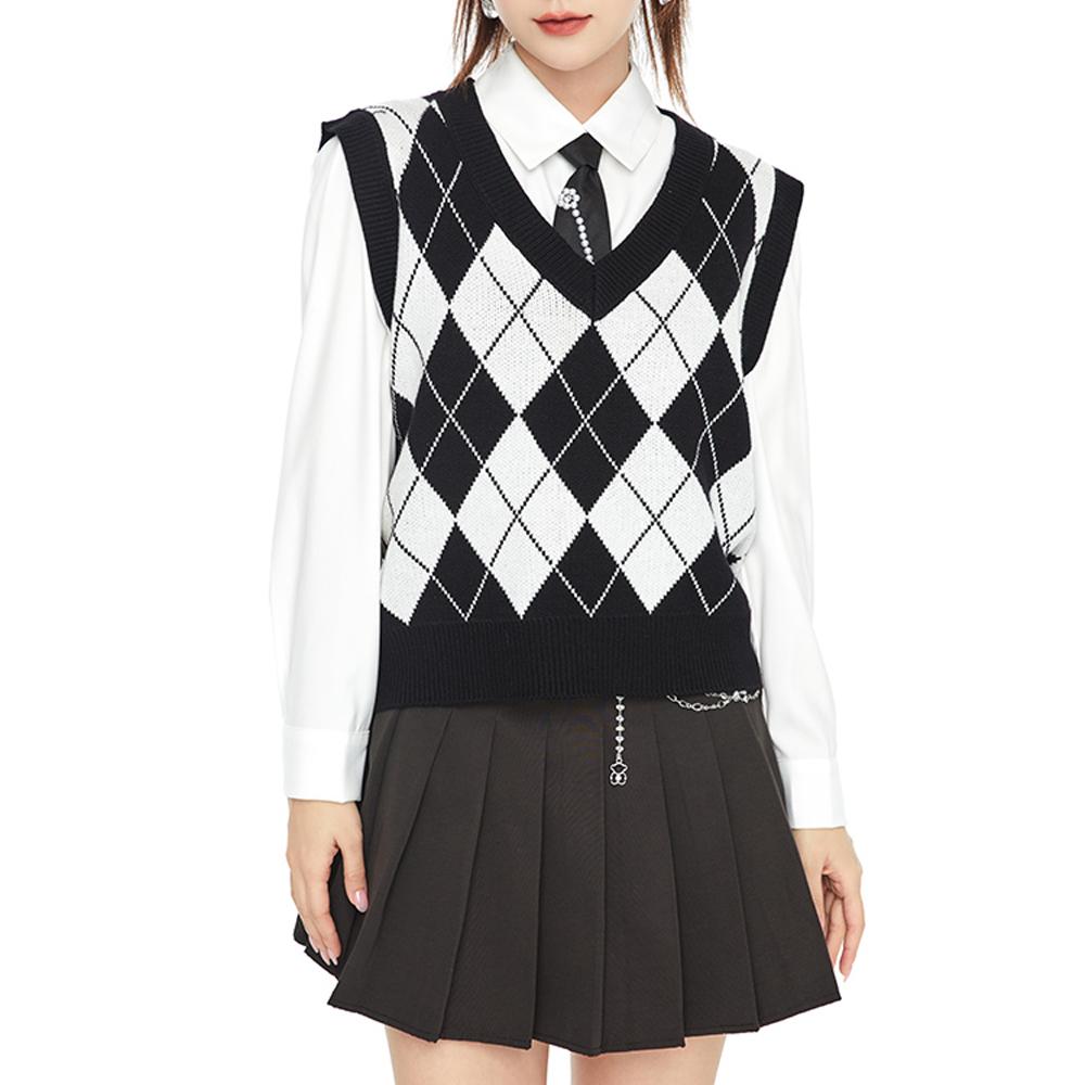 

Осенний свитер, клетчатый жилет для женщин, V-образный вырез, свободный крой, пуловеры, вязаный жилет, милый трикотаж без рукавов в консервативном стиле, топ