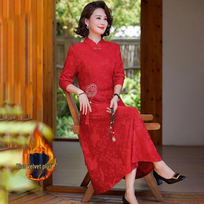 

New Autumn/Winter Plus Velvet Dress for Middle-Aged Women - Elegant Wedding Outfit for Mothers and Mothers-in-Law. 3XL (125-135 lbs) яскраво-червоного кольору