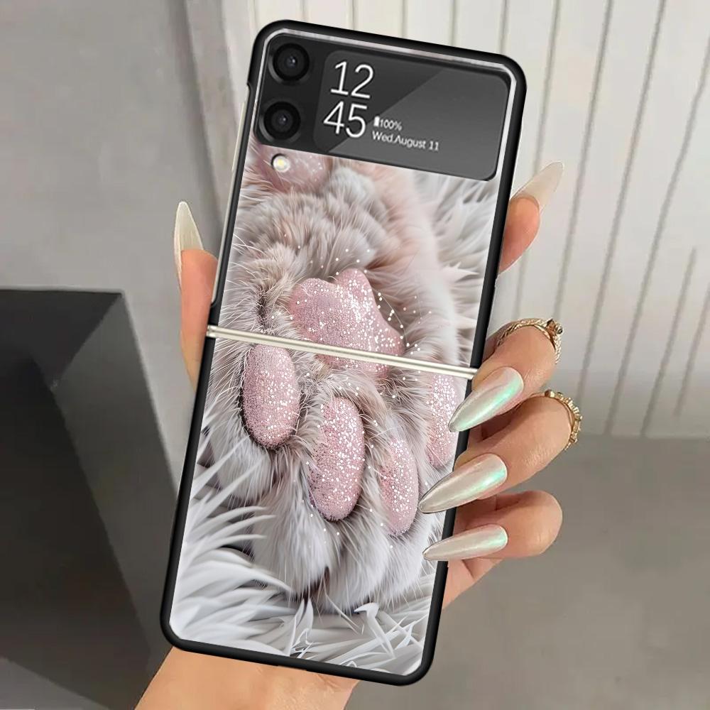 

Pink Cat Hand Paw Hard PC Phone Case For Samsung Galaxy Z Flip 7 6 5 4 3 Black ZFlip7 ZFlip6 Flip5 Flip4 Flip3 5G Print Cover Samsung Z Flip