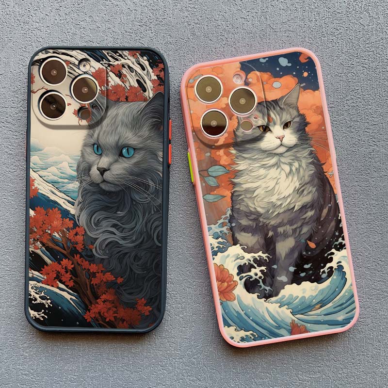 Sea Waves And Cat Phone Case For Iphone 7 8 Plus SE2 15 16 Plus 13 12 Mini X XR XS 15 11 12 13 14 Pro Max Shockproof Back Cover