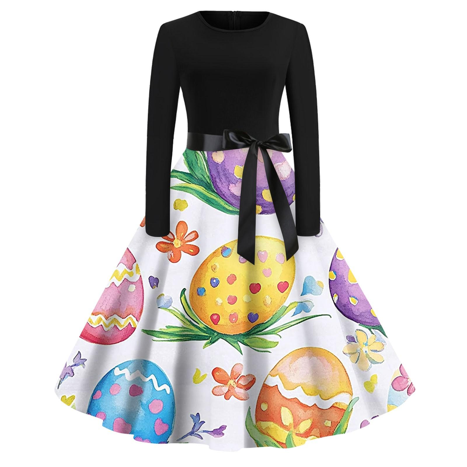 

Жіночі сукні Модні повсякденні тонкі великодні сукні з довгими рукавами з круглим вирізом S