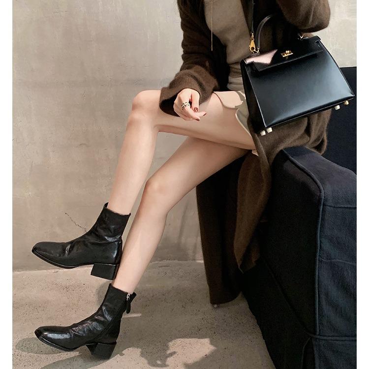 Seconds hair~ Grape mother, Korean square head washed horse skin thin short boots thick heel thick sole small ankle boots women's autumn and winter