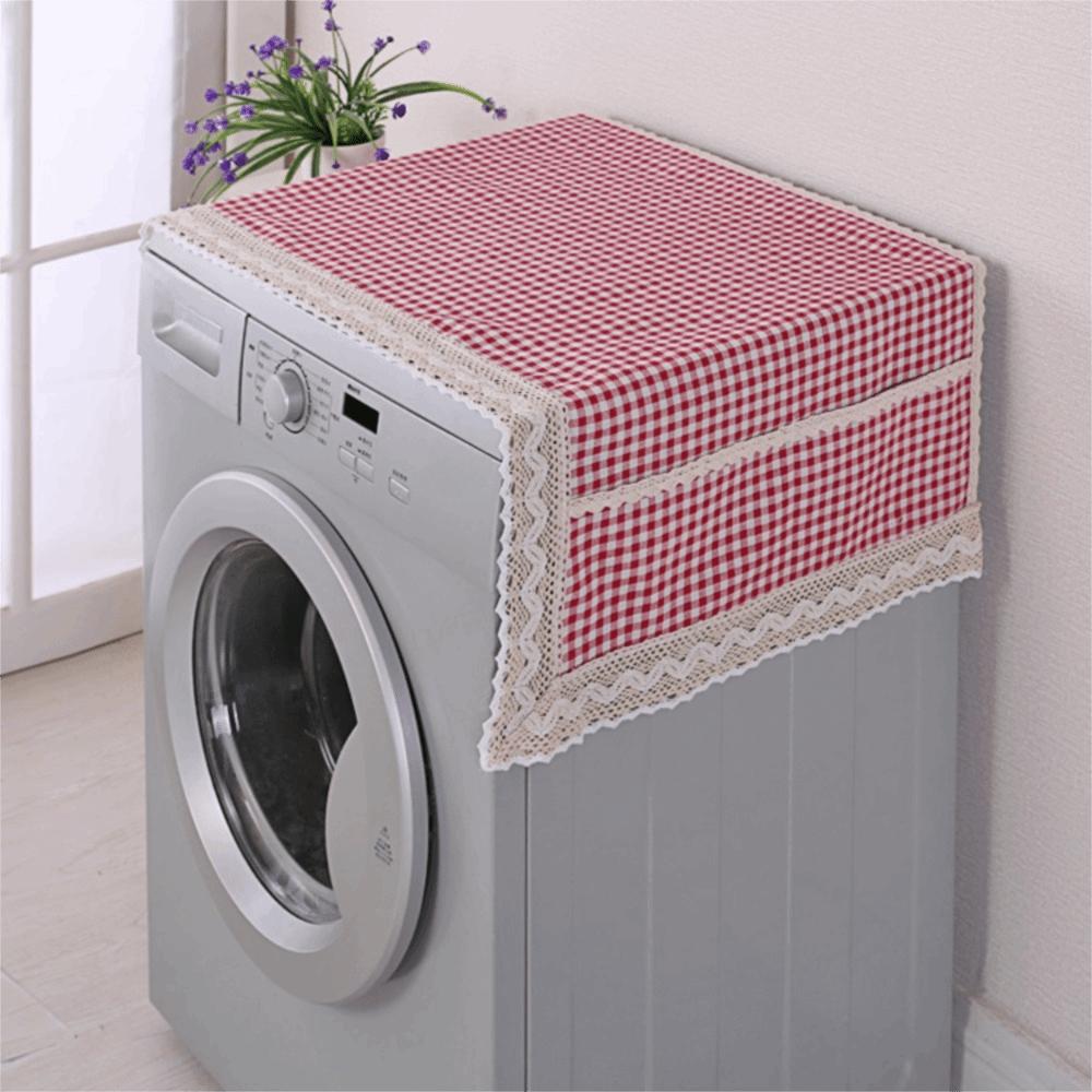 Cotton Linen Refrigerator Dust Cover with Pocket Lace Trim Washing Machine Cover Towel Printed Fridge Protection Cover