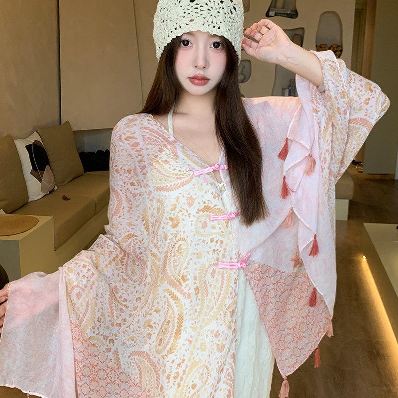 Small fresh white floral silk scarf women's summer travel buckle sunscreen large shawl beach towel thin yarn scarf scarf