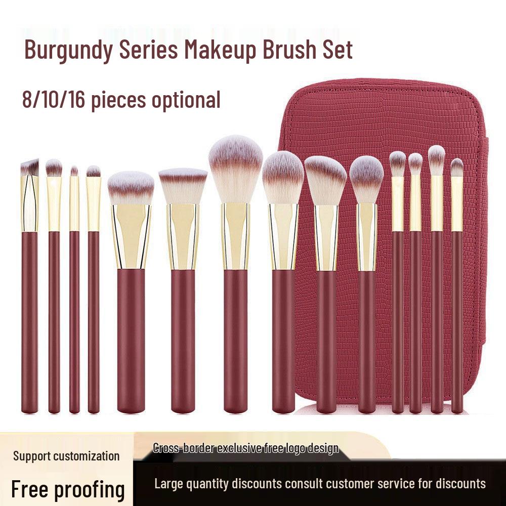 Burgundy 16-Piece Makeup Brush Set: Soft Bristle Foundation, Eyeshadow, and Blush Brushes